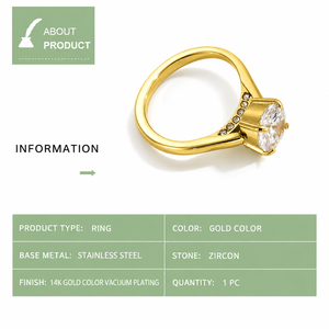 Asymmetrical Zircon Solitaire Stainless Steel <b>Ring</b> with 14K Gold Color Vacuum Plating - Product Image 2