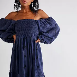 Hot Sale Summer Solid Color Long Puff Sleeve Off Shoulder Smocked Midi Maxi muslin dress women