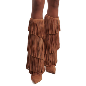 Big Size 46 Women High Slim Heels <b>Long</b> Booties Layers Tassels Suede Knee High Boots Pointed Toe Wide Fit Shoes - Product Image 1