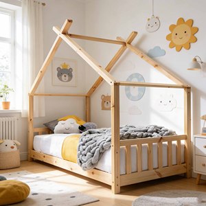 Cama de Madera Personalizada, Cama Infantil Tipo Casa, Cama para Niños, Adolescentes, Bebés, Niñas y Niños, Dormitorio, Madera Natural - Product Image 1