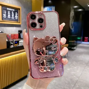 Capa de telefone luxuosa com diamantes e glitter Hello Kitty para iPhone 14 13 Pro Xs Max, porta-espelho de maquiagem com detalhes de fábrica
