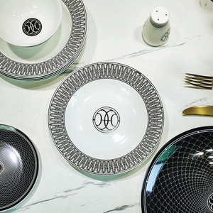 Juego de vajilla de porcelana Black Line: platos, cuencos, tazas minimalistas, juego de cena de cerámica occidental de lujo, apto para lavavajillas. - Product Image 3