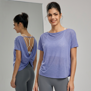 Wholesale Women's Twist <b>Back</b> Cut Out Yoga <b>Top</b> Short Sleeve Loose Fit Workout Cover Up Breathable Pilates Athletic T Shirt - Product Image 2