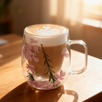 Tasse à café en verre à double paroi motif floral, vaisselle domestique résistante à la chaleur pour boissons chaudes et froides