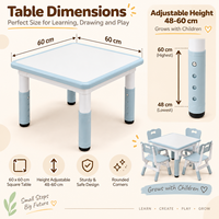 Ensemble table et chaise d'étude carrées pour enfants avec hauteur réglable, plateau inscriptible et coins arrondis pour la maternelle