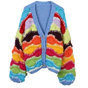 C2030 Nouveau pull femme arc-en-ciel contrastant à manches longues col en V lâche veste cardigan en tricot