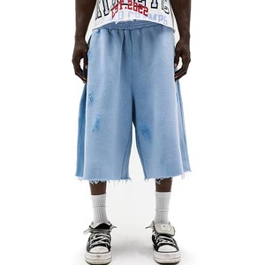 Men Distressed Ripped French Terry Sweat <b>Shorts</b> Raw Edge Wide Leg Cropped <b>Sweatpants</b> Custom Streetwear <b>Shorts</b> - Product Image 2