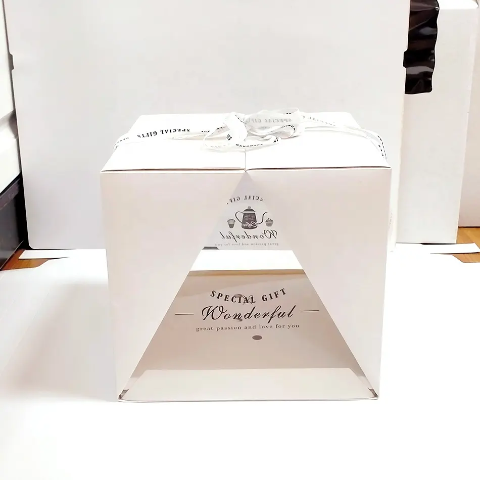 カスタムサイズのベーカリーボックスウィンドウ付きケーキボックスハンドル付きバースデーケーキ包装ボックス