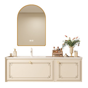 French smart retro <b>pink</b> bathroom cabinet heat-bent integrated storage mirror cabinet solid wood with gold rim - Product Image 1