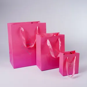 Custom Hot Foil Pink Boutique With Your Own Logo Luxury Wedding Gift Craft Shopping Paper Bag With Ribbon Handles