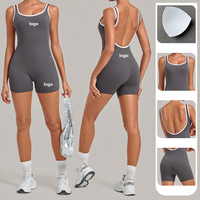 Combinaison courte sans couture en Spandex/Nylon brossé, colorblock, col carré, bretelles spaghetti, dos ajouré, anti-transpiration
