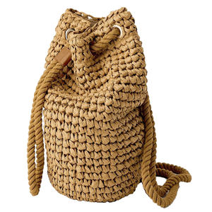 Mochila de Moda Tejida a Crochet con Paja Marrón, Cuero <span class=keywords><strong>PU</strong></span>, Grande, Linda, con Cierre, Correas de Cuerda de Algodón Hechas a Mano con Rayas - Product Image 2