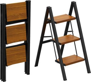 Tabouret escabeau pliant en <span class=keywords><strong>aluminium</strong></span> et bois, léger, antidérapant, avec <span class=keywords><strong>marches</strong></span> larges, capacité de 150 kg, pour la maison - Product Image 2