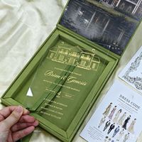 Boîte d'invitation de mariage personnalisée en velours vert matcha, style européen, carte de vœux en acrylique, illustration architecturale