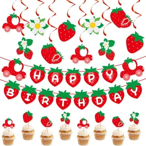 Strawberry Theme Birthday Party Supplies Hanging Swirls And Happy Birthday Banner Sweet One Berry First Birthday Party Supplies