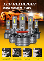 Phare LED automobile 300W 80000lm Ampoule H4 H7 H11 9005 Lumière LED automobile pour système d'éclairage de voiture, camion, moto