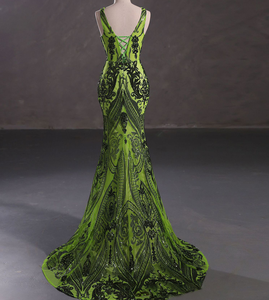 Robe de soirée de bal européenne et américaine sexy à col en V, à sequins, longue jusqu'au sol, taille empire, antistatique, sans manches - Product Image 3