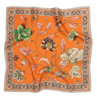 Foulard carré long en satin de soie 100% pour femme, motif floral orange vintage, collection printemps, 90x90cm, pour le cou, la tête, le hijab ou comme châle, vente en gros