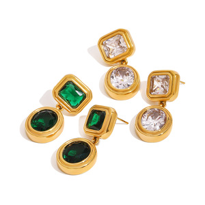 Geometric Drop <b>Earrings</b> 18K Gold Stainless Steel <b>Green</b> Zircon Crystal Bezel Setting Everyday Wear - Product Image 4
