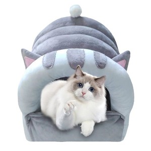 Cama para gatos de dibujos animados, gris, suave, completamente cerrada, con cubierta para gatos, manta cálida de invierno para mascotas. - Product Image 5