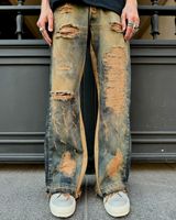 AeeDenim Nouveau style personnalisé pour hommes, jeans droits tendance, style hip-hop urbain, délavé, vintage, déchiré, imprimé, design mode