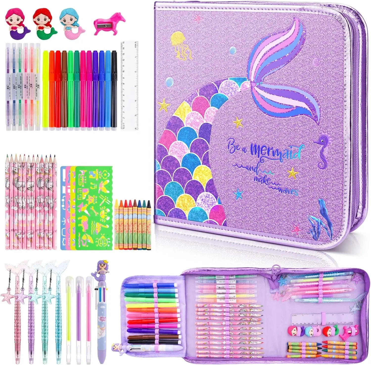 Mermaid Art Craft Kit for Kids 56 Piece Set with Pencil Case Markers Crayons Gel Pens Erasers Stencils Ruler