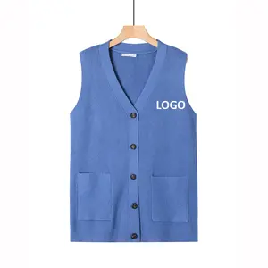 OEM logotipo personalizado cor sólida versátil sobreposição de malha colete 2022 new vintage mulheres Com Decote Em V camisola colete