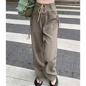 Sıcak satış yüksek sokak tasarım anlamda gevşek rahat pantolon amerikan retro hiphop kayış pamuk kargo pantolon kadın anlamak