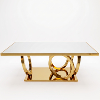 Mesa de Comedor Redonda de Acero Inoxidable con Diseño de Anillo Dorado y Tapa Blanca para Banquetes y Eventos