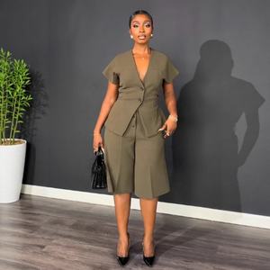 新作カジュアルレディースストレートパンツ2ピースセットファッション半袖コート膝丈ワイドレッグパンツエレガントなストリートウェア - Product Image 1