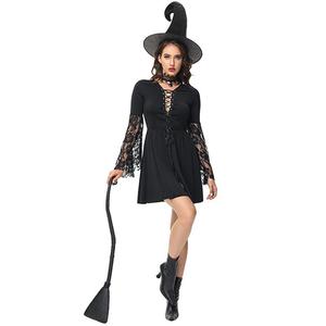 <b>Witch</b> Costume Women Black Lace Dress With Hat And Broom For Halloween Party Cosplay - Product Image 1