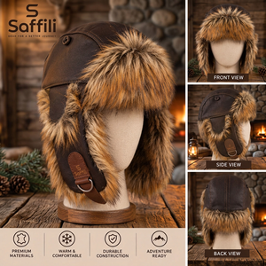 Chapeau d'aviateur en fourrure d'hiver Saffili, en cuir véritable, avec cache-oreilles, casquette bomber unisexe pour adulte, pour l'extérieur - Product Image 2