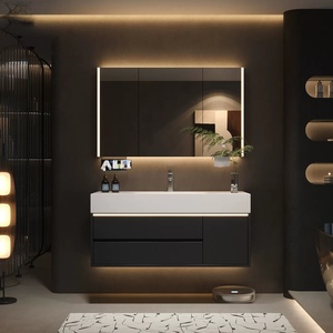 Modern <b>Wall</b>-Mounted Bathroom Cabinet with Integrated Hot-Bent Stone Slab Sink Smart Lighting and <b>Mirror</b> - Product Image 4