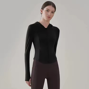 Custom Women's Running Sports Thumb Hole Zipper Gym <b>Jacket</b> Long Sleeve Quick Dry Cropped Top Fitness <b>Yoga</b> <b>Jacket</b> With Hood - Product Image 3