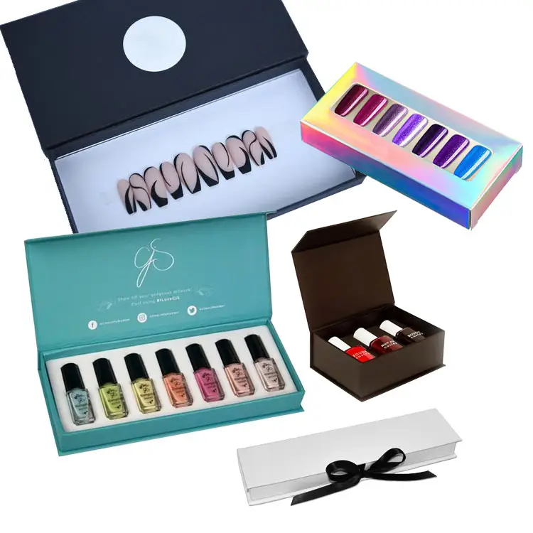 Noir rose vide Logo personnalisé de luxe pour ongles, boîtes d'emballage en papier pliable magnétique pour faux ongles