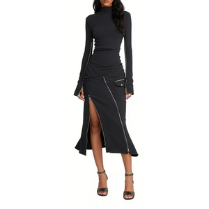 Conjunto de 2 Piezas para Mujer, Top de Manga <span class=keywords><strong>Larga</strong></span> <span class=keywords><strong>con</strong></span> Cuello Alto y Detalle de Cremallera y <span class=keywords><strong>Falda</strong></span> Maxi, Moda Sehe - Product Image 4