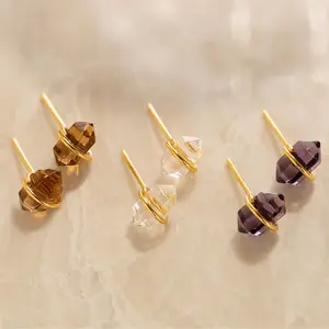 Dainty Natural Gemstone Earring Studs For Women Designer Inspired Hexagonal Healing Wrapped Crystal Earrings
