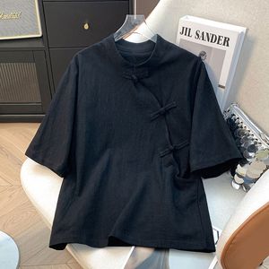 Women's Solid Color Linen Top Stand Collar Chinese Style Buttons Short Sleeve Tea Shirt Dark Red Summer 2025 - Product Image 3