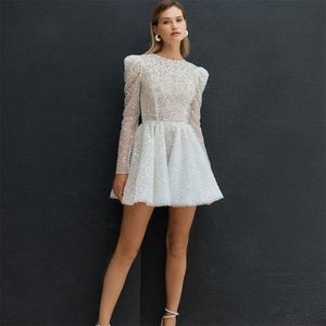 Mily Bridal SW014 Abito da Sposa <span class=keywords><strong>Corto</strong></span> di Lusso a Linea A <span class=keywords><strong>con</strong></span> Maniche Lunghe, Scollatura a O <span class=keywords><strong>con</strong></span> Paillettes, Abito da Cerimonia Ampio per Donne - Product Image 1