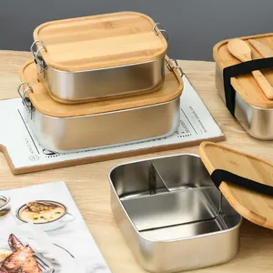 Baming 304 Stainless Steel Bamboo Lid Japanese Lunch Box with Buckle Food Bento Box Picnic Kids Storage