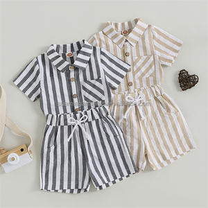 Vêtements Private Label pour Bébés Garçons Filles en <span class=keywords><strong>Lin</strong></span> Coton Rayé avec Boutons Top Shorts Ensemble de Vêtements pour Tout-petits 1 Pièce - Product Image 1