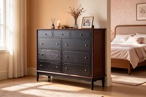 Vintage Black 7-<b>Drawer</b> Dresser, Farmhouse Sideboard with Bobbin Details & Gold Knobs - Product Image 4