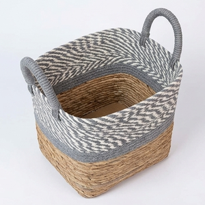 Natural Water Hyacinth Storage Basket Handcrafted Woven Towel Holder Bathroom Organizer <b>Bin</b> With Contrast Gray Handles - Product Image 2