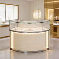 Vitrine à bijoux de luxe incurvée, écologique, personnalisable, en verre trempé blanc laiteux, avec finition argentée et éclairage LED semi-circulaire