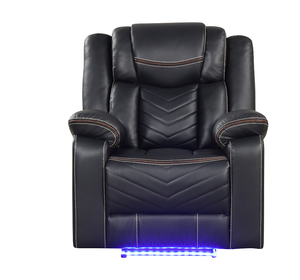 Modern Contemporary LED Power Recliner Set with Convertible Faux Leather and <b>Wood</b>/Metal <b>Frame</b> in Black for Apartment Use - Product Image 1