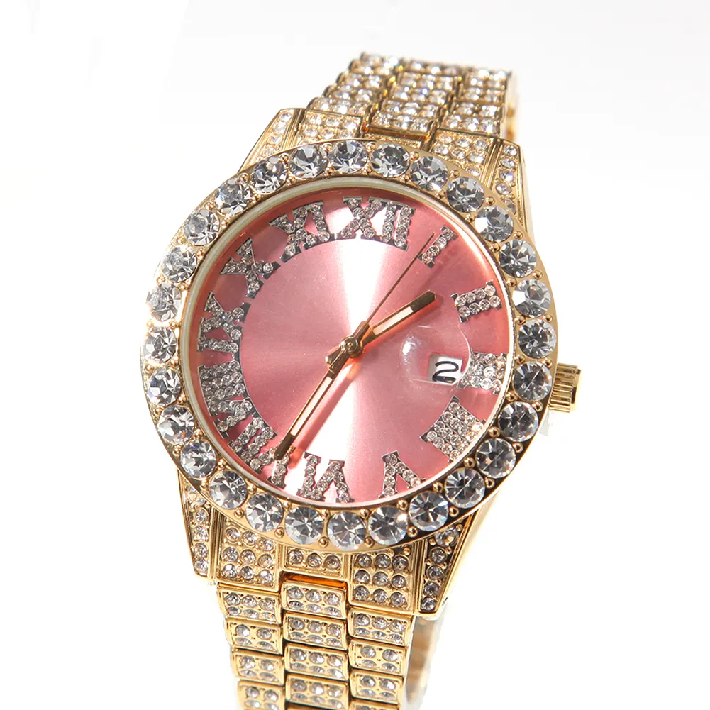 Iced Out Rhinestones Rosa Roxo Diário Impermeável Rodada Dial Número Romano Luz Azul Face Quartz Watch