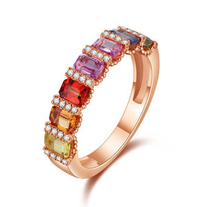 แหวนเพชรธรรมชาติสีโรสโกลด์18K ประดับแซฟไฟร์หลากสีตัดมรกตทำจากทองธรรมชาติสำหรับเป็นของขวัญวันเกิด - Product Image 1