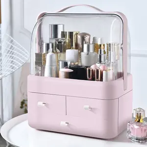 Caja de almacenamiento de cosméticos organizador de maquillaje de mesa multifunción de lujo con luz giratoria transparente portátil