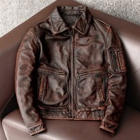 Blouson court d'automne A2 en cuir de vachette véritable délavé, style vintage nostalgique, grande taille pour homme, avec fermeture éclair, coloré