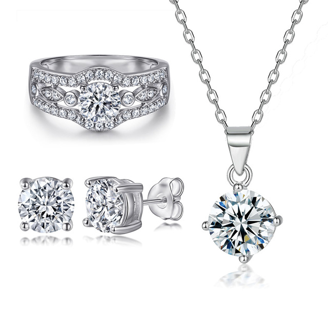 SPJ S925 Silver Set Fashion Simple Jewelry Set Luxury Design Bridal Zircon Ring Earrings Necklace Set Jewelry for Women